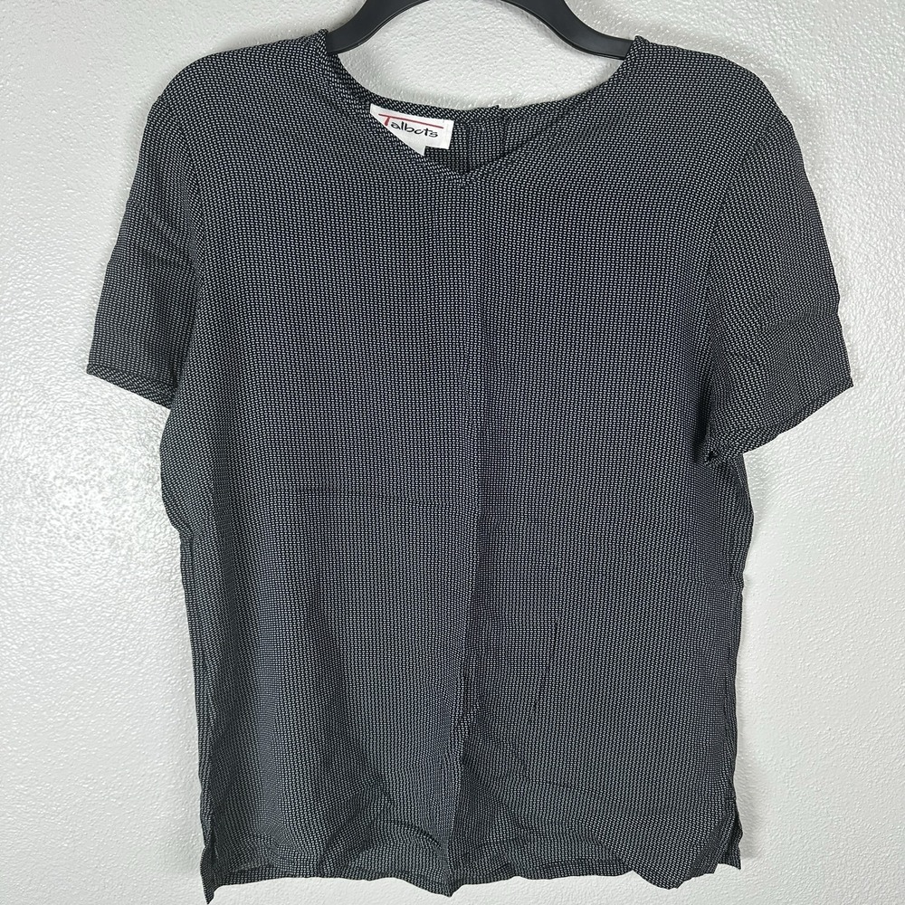 VTG Talbots Pure Silk Blouse Short Sleeve Womens 10 Black Print‎ Minimalist Chic